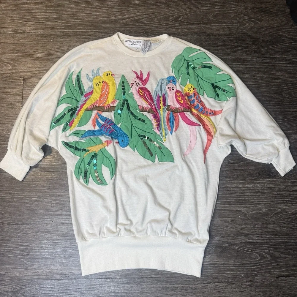 Vtg 80's Bonnie Boerer & Co Womens Top Size L Colorful Bird Art Embroidered